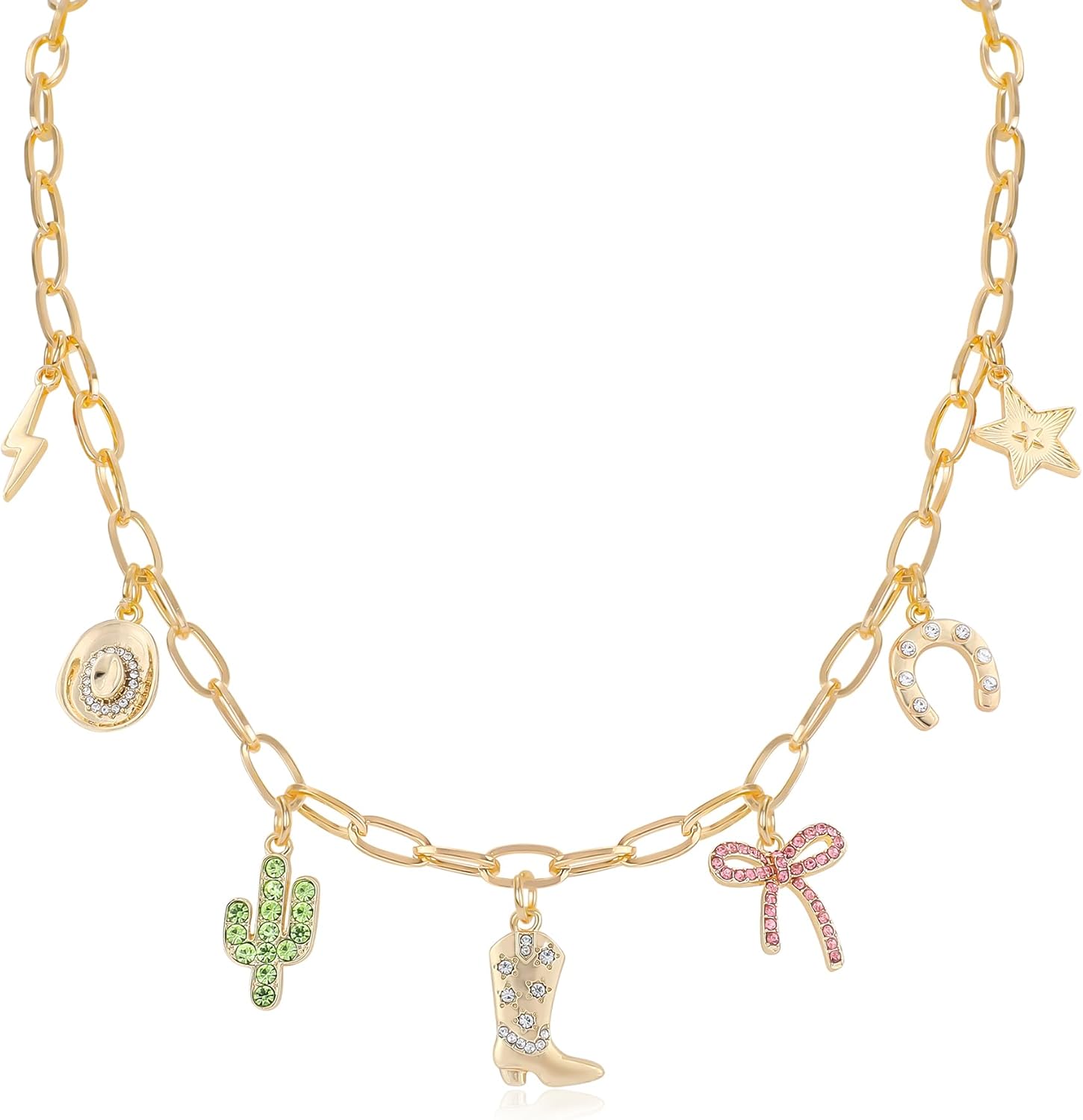 NEKOL Western Charm Necklace for Women, Stars Horseshoe Bow Cowboy Boots Cactus & Lightning Pendant Necklace with Sparkling Glass Diamonds, Fashionable Western Jewelry