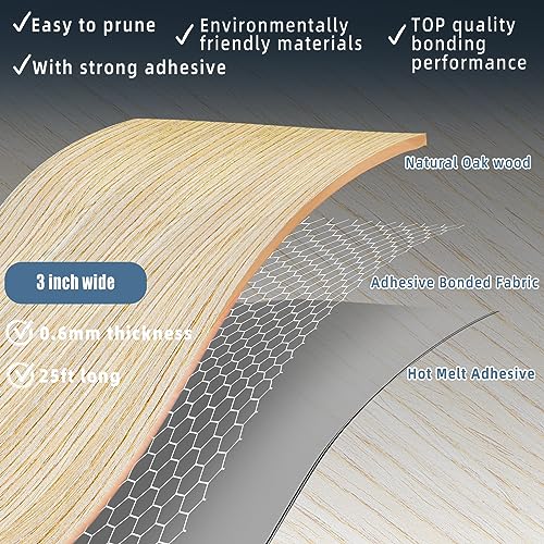 Image of Oak Edge Banding, 3 inch x 25ft roll of Veneer White Edge Banding Pre-glued Flexible, Real Wood Tape for Cabinet Repair & Furniture Restoration