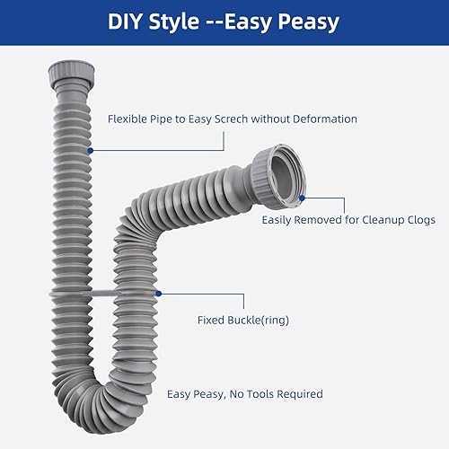 Miniatura 4 de iFealClear Paquete de 2 tubos de trampa P de 1-12 pulgadas, tubo de drenaje flexible para fregadero con 2 anillos de sellado de goma, tubo de