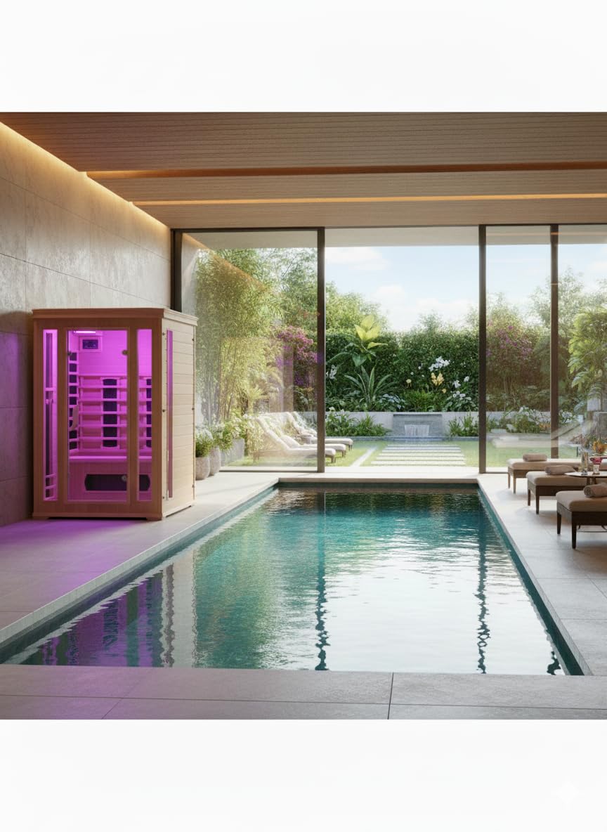 CONCEPT USINE | Sauna a infrarossi di lusso a 2 posti in legno | Calore a secco economico | 5 diffusori a infrarossi | cromoterapia 7 colori | controlli LCD + radio | 1690 W | Compatto e rilassante