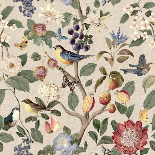 VEELIKE Vintage Chinoiserie Wallpaper Peel and Stick Cottagecore Bird Wallpaper with Fruits 17.7''x118'' Removable Beige Floral Wall Paper Self Adhesive Bird Contact Paper for Bedroom Powder Room