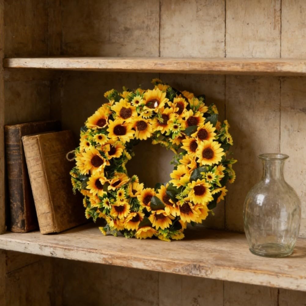 Ghirlanda di girasoli da appendere su porte e pareti o con classico design floreale finto per primavera, estate e autunno (40 cm)
