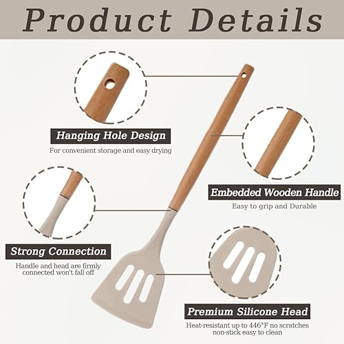 Miniatura 3 de Juego de 12 utensilios de cocina de silicona, con mango de madera, resistentes al calor, antiadherentes, espátula, cuchara y cubo de almacenamiento