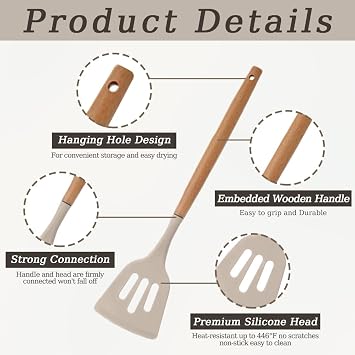 12 Pcs Kitchen Utensil Set, Silicone Cooking Utensils Set with Wooden Handle, Heat Resistant, Nonstick Cookware Tongs Spatula Spoon Set with Storage Bucket for Home, Camping, Dishwasher Safe (Khaki)