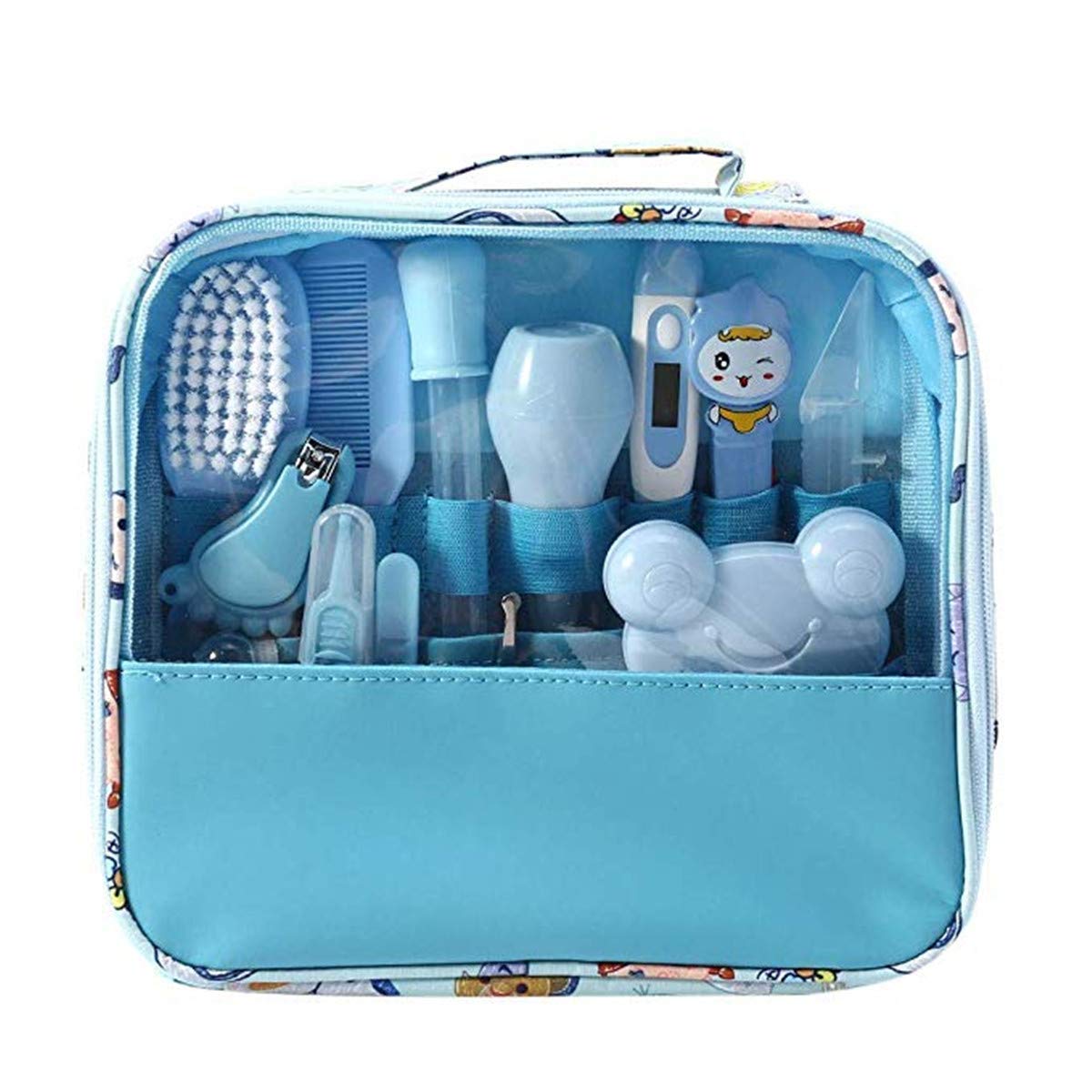 13 pcs/ensemble Kit de soins bébé Infirmière nouveau-né Bébé Clou Cheveux Soins de santé Des gamins Thermomètre Toilettage Brosse Trousse (Blau)