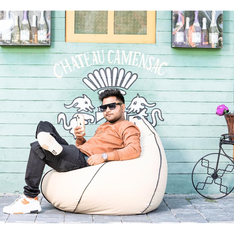 Image of King Comfort 3XL Faux Leather Pipping Bean Bag Cover with Foot Rest Without Beans with 1 Year Warranty | Lounge Chair Cover for Home, Office, Bedroom, Hall (Tear Drop Shape with Pipping) (Cream)