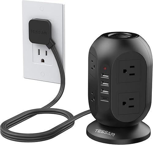 Miniatura 12 de TESSAN Regleta protectora contra sobretensiones en torre de 10 pies, cable de extensión plano largo con múltiples tomas, 8 salidas de CA con 4