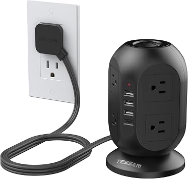 Tower Surge Protector Power Strip 10 ft, Long Flat Extension Cord with Multiple Outlets, 8 AC Outlets with 4 USB Ports 1 USB C, Charging Station with Surge Protection, for Home Office Dorm, Black