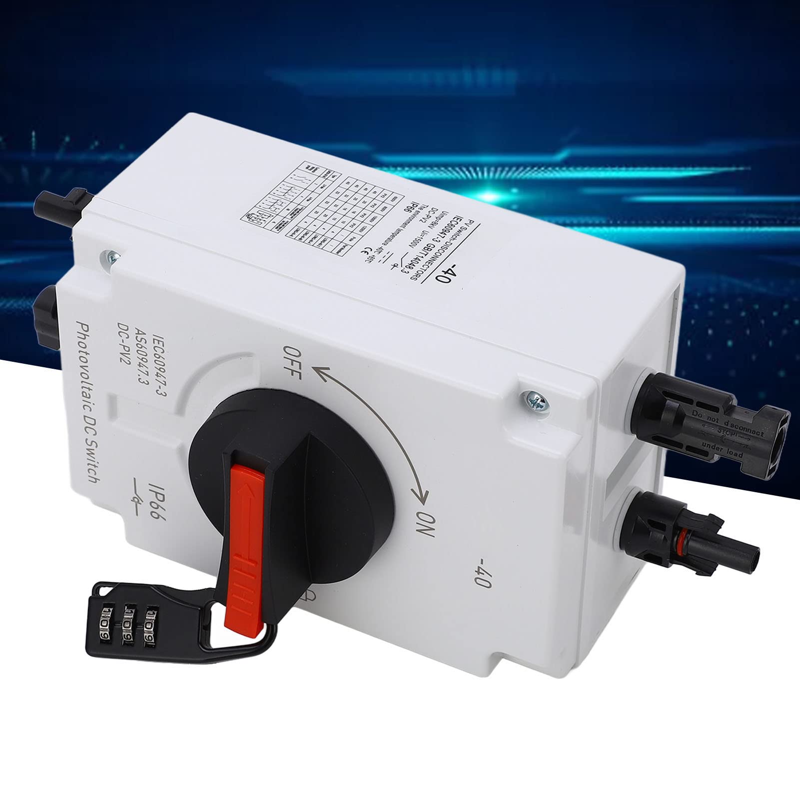Hyuduo Sezionatore Solare Fotovoltaico, Isolatore Fotovoltaico PC Interruttore Solare DC1200V 32A 4P IP66 Blocco Password Impermeabile, per Installatori di Sistemi di Energia Uso Esterno da -40 °F a