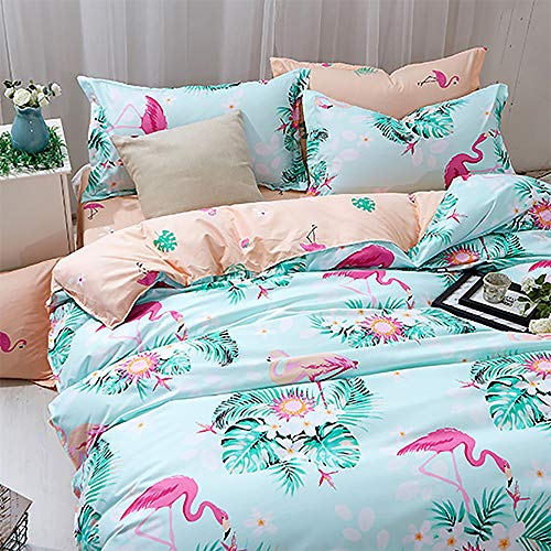 Langde Juego de Funda de Edredón Tema Flamenco Flores Nordicas 200 x 200 cm, 2 x Fundas de Almohada de 50 x 75 cm para Cama 105, Flamingo Rosa Étnico Juego de Ropa de Cama