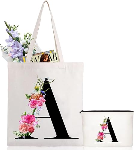 Andeiltech - Bolsa de lona con inicial floral, personalizada, bolsa de maquillaje con monograma, regalo para damas de honor, cumpleaños, boda