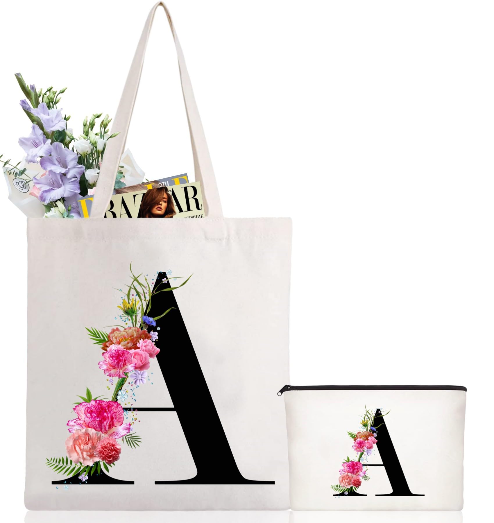 Andeiltech Initial Canvas Tote Bag Floral Letter Personalized Makeup Bag Monogrammed Gift for Bridesmaids Birthday Wedding