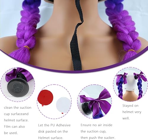 Miniatura 3 de Negro Morado 2 Pzas Coleta de Casco con Ventosa Desmontable Coleta de Casco de Motocicleta Trenzas de Casco de Bicicleta Colas de Cabello para
