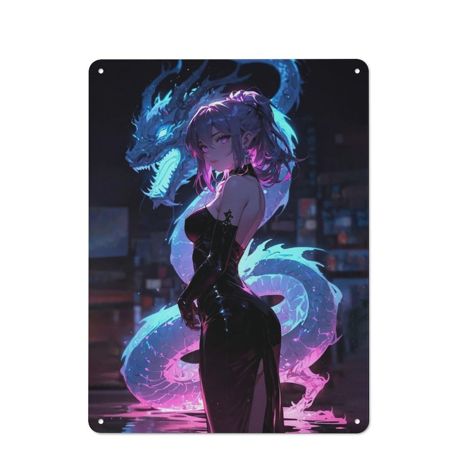 Vintage Metal Sign 40x30cm Featuring Anime Girl with Dragon, Home Bar Decor for Cafe, Pub, Workshop Or Home Bar