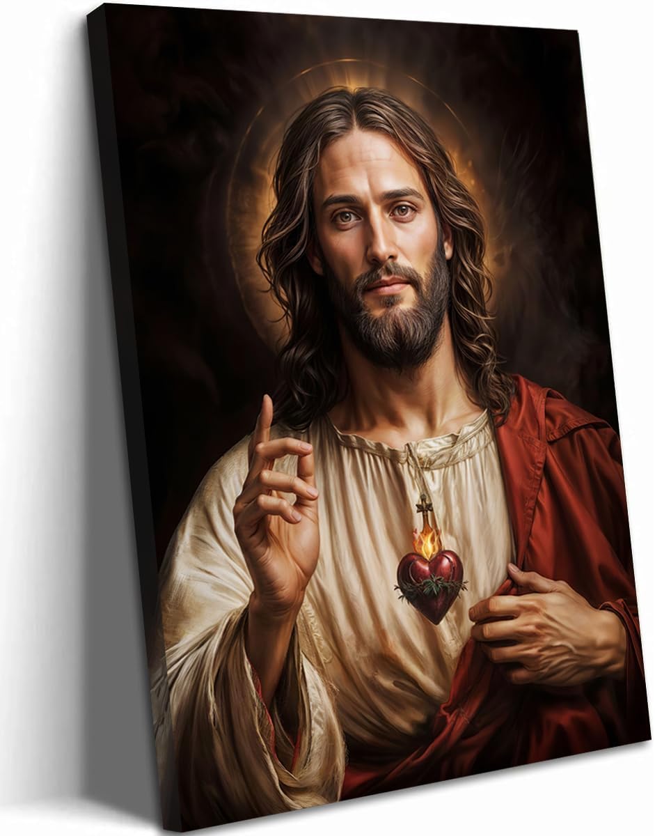 Framed Sacred Heart of Jesus Wall Art, Christian Divine Mercy Paintings Wall Decor, Christ Portrait Pictures Canvas Prints Catholic Religious Home Decor for Church Prayer Room Living Room 12X16 inch