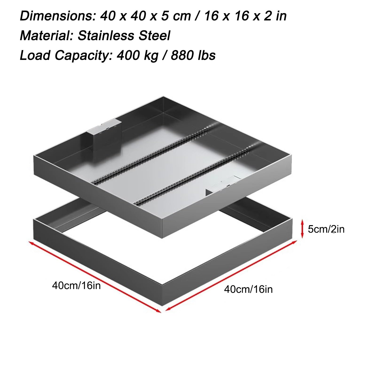 Tapa Arqueta Empotrada, Trampilla de Acceso al Suelo de Acero Inoxidable 304, Cuadrada de Tanque Séptico, Capacidad de Carga de 400 Kg, para Pavimento y Patio(40x40x5cm/16x16x2in)