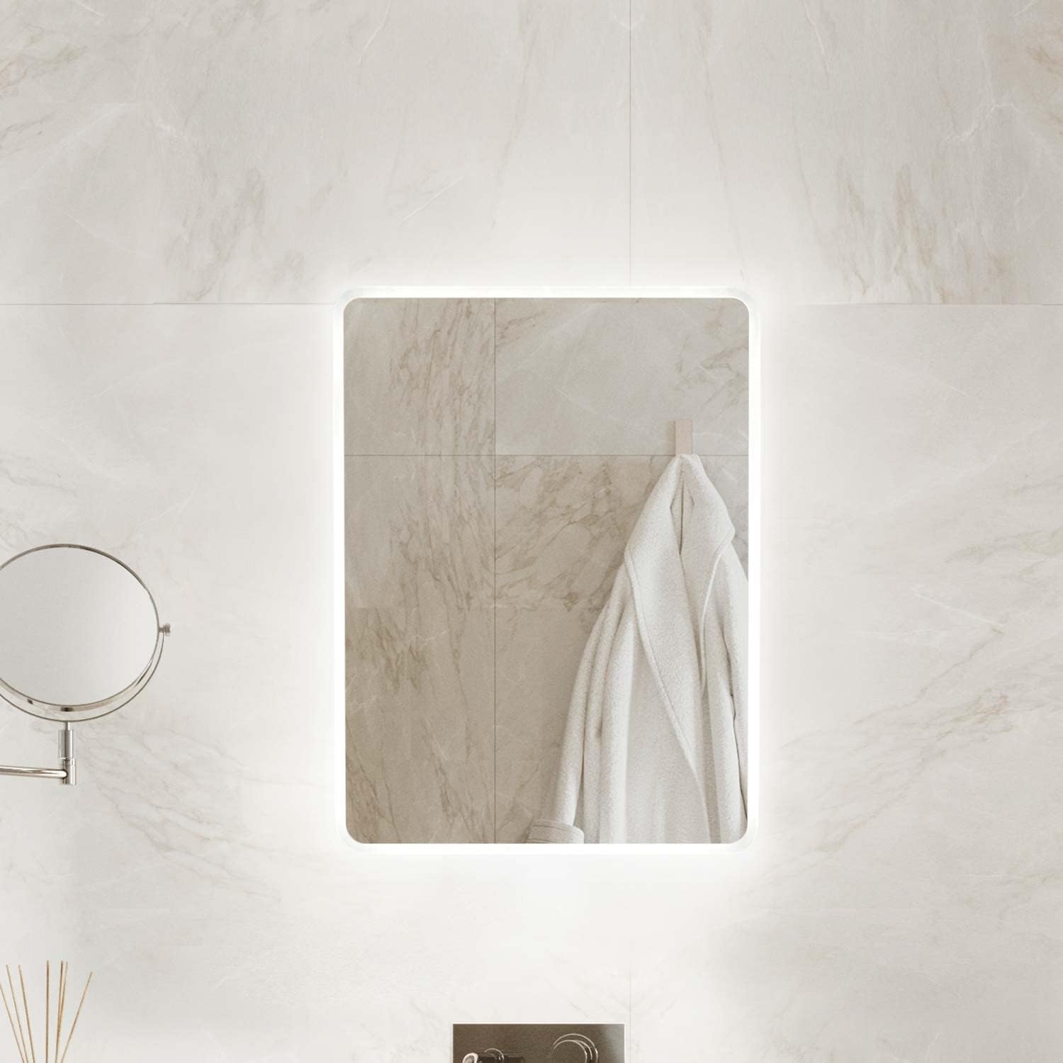 Pebble Grey Bathroom Mirror with LED Lights 390x500mm IP44 – Globe Heated Bathroom Mirror with Lights and Motion Sensor, Rotatable Wall Mounted Rectangular with Built-In Demister Pad for Modern Spaces