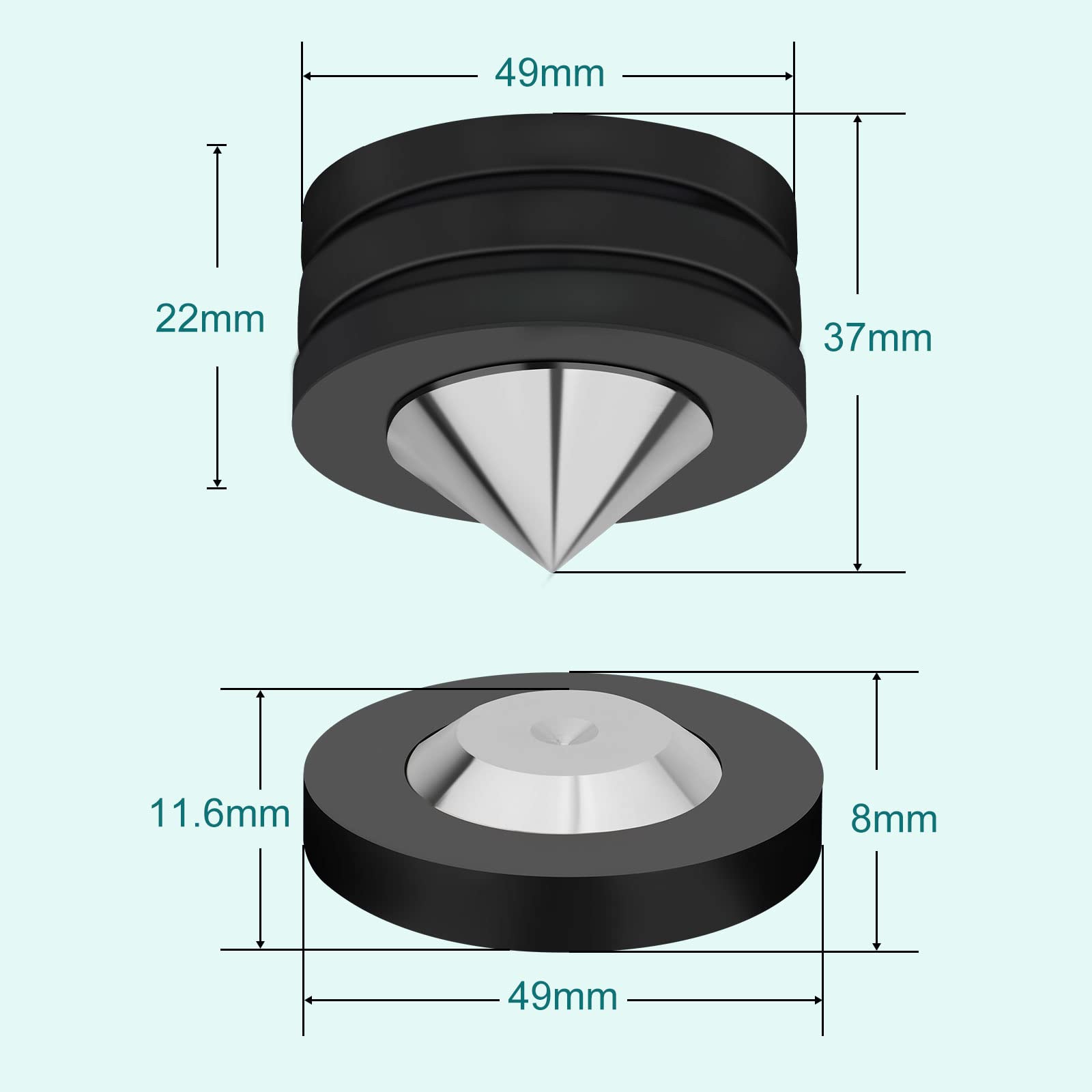 Lot de 4 pieds de haut-parleur 49 mm x 49 mm avec coussinets de haut-parleur en acier inoxydable POM - Pieds pour haut-parleurs Hi-Fi, caisson de basses, amplificateur audio, DAC et lecteur