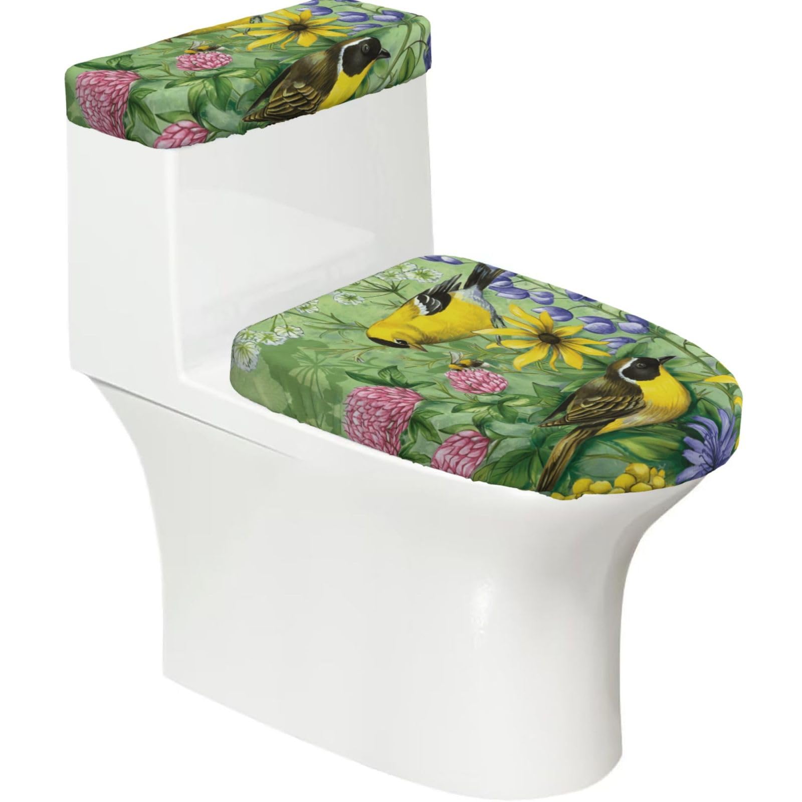 Wzycwb Black American Goldfinch 2-Piece Toilet Seat Cover Set With Tank Lid, Elastic Fit For U-Shape & Elongated Toilets, Bathroom Decor, Housewarming Gift
