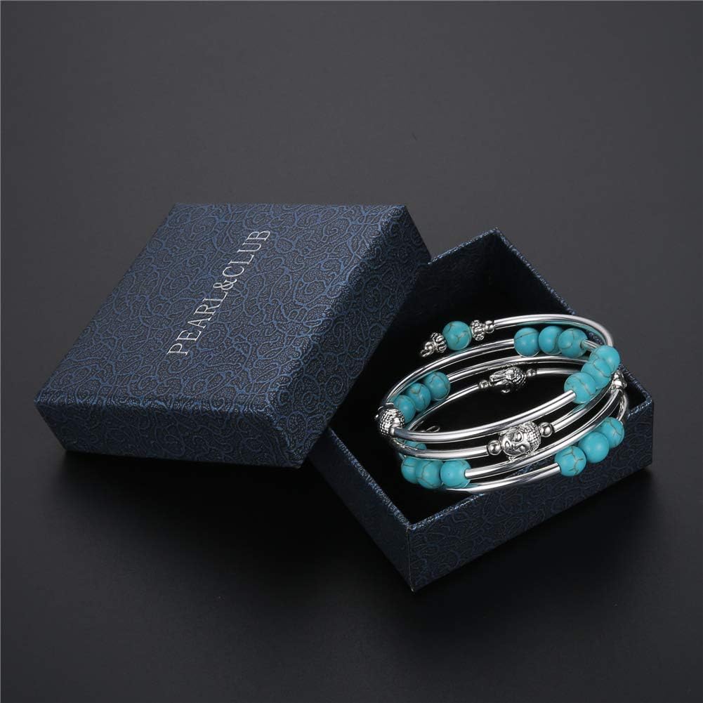 PEARL&CLUB Beaded Chakra Bangle Turquoise Bracelet - Fashion Jewelry Wrap Bracelet with Thick Silver Metal and Mala Beads, Birthday Gifts For Women - Image 6