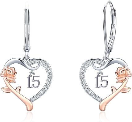 13th/ 15th/ 16th/ 18th/ 50th/ 80th Birthday Gifts for Women Daughter 925 Sterling Silver Love Heart Rose Flower Leverback Drop & Dangle Earrings Birthday Mothers Day Christmas Anniversary Graduation Jewelry