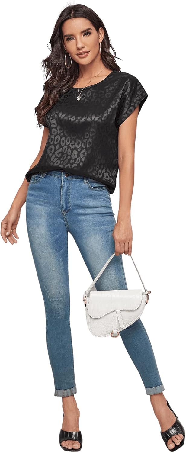 Floerns Women's Casual Cap Sleeve Leopard Print Satin Silk Blouse Tops - Image 5