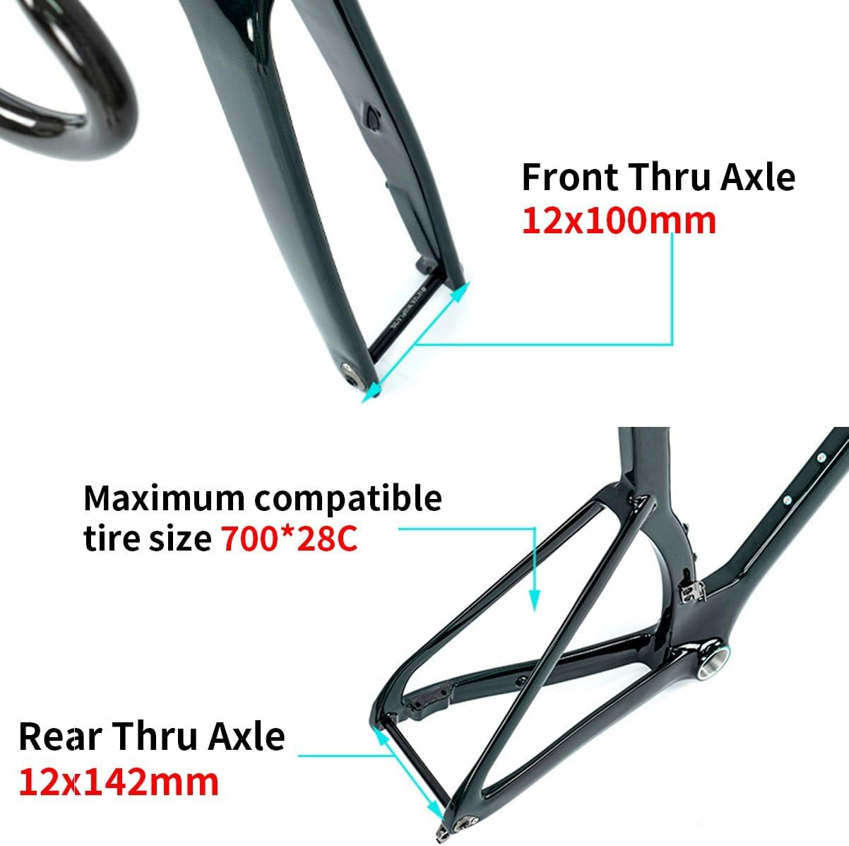700C Road Bike Frameset 43.5cm/46cm/48cm/50cm/52cm/54cm Carbon Fiber Disc Brake Frame F12*100mmR12*142mm Thru-Axle with Fork and Handlebar