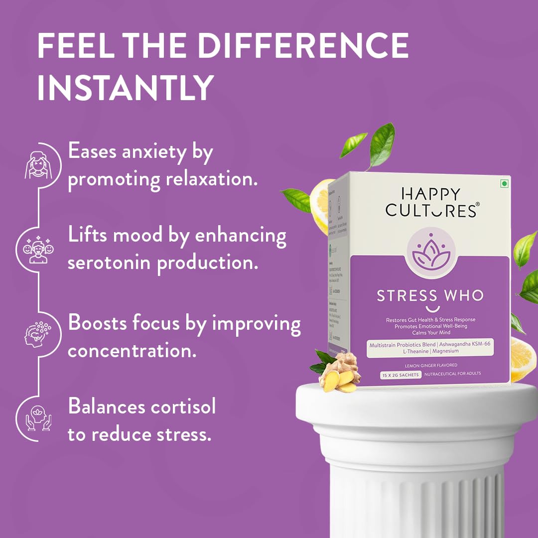 Happy Cultures Stress Who - Ashwagandha KSM66, Magnesium & L-Theanine, Probiotics blend, Anxiety & Stress Relief For Men & Women | Supports Relaxation | Clinically tested, No Side Effects | Lemon & Ginger Flavored - 15 x 2g (Sachets) — Amazon image 3