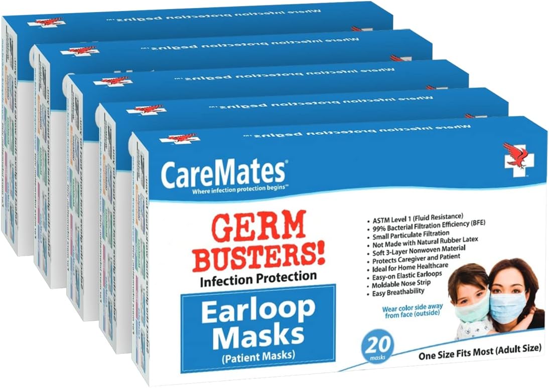 CareMates Soft Disposable 3-Ply Elastic Earloop Patient Mask, Fluid Resistance, 99% Bacterial & Small Particle Filtration, Breathable, 20 count Pack of 5