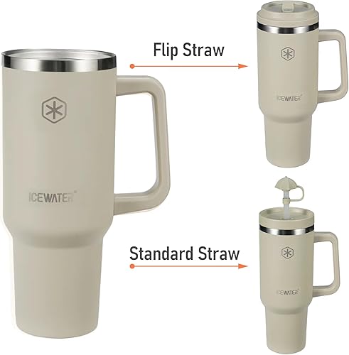 Miniatura 2 de ICEWATER Vaso de 40 oz con 2 tapas (abatible y pajita estándar), 100% a prueba de fugas, vaso aislado con asa, compatible con portavasos, botella de