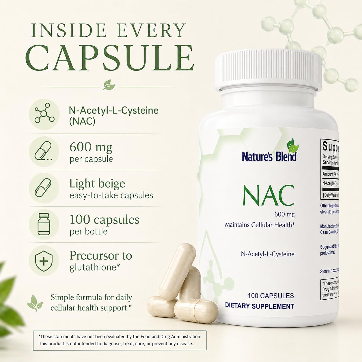 Nature's Blend NAC 600 mg, N-Acetyl-L-Cysteine Supplement, 100 Capsules — Amazon image 3