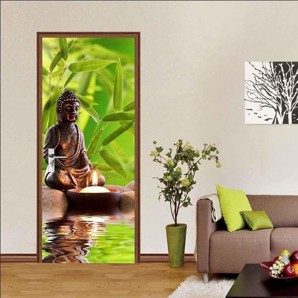 Adesivi per Porte Interne 80x210 Zen Adesivo Porta Foglie di Bambù Verde 3D Pellicola Adesiva Carta Da Parati Soggiorno Bagno Autoadesivo Porta Murale Decorazione M0402