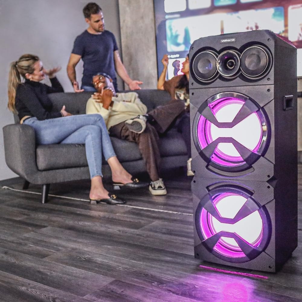 Жакын план view of the top control panel of the Volkano Griffin Series Dual Party Speaker
