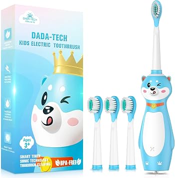 DADA-TECH Kids Electric Toothbrush Rechargeable, Sonic Silicone Teeth Brush with Timer for Children Boys Girls Ages 3+, 3 Modes with Memory, 4 Soft Brush Heads Blue Shiba Inu Dog