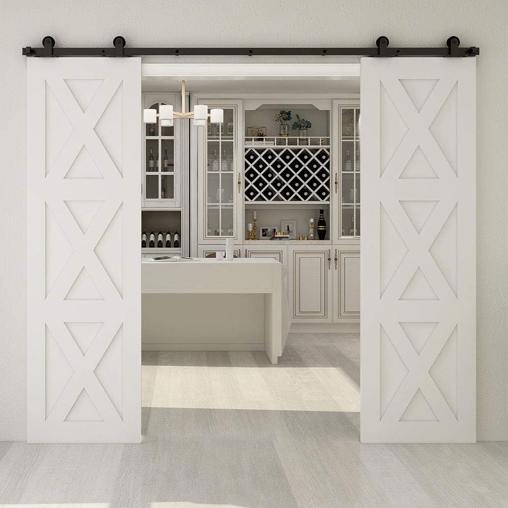 TSMST 5FT Sliding Barn Door Hardware Kit for Double Wood Door, Heavy Duty Sturdy Barn Door Track - Smoothly and Quietly - T Style Hanger