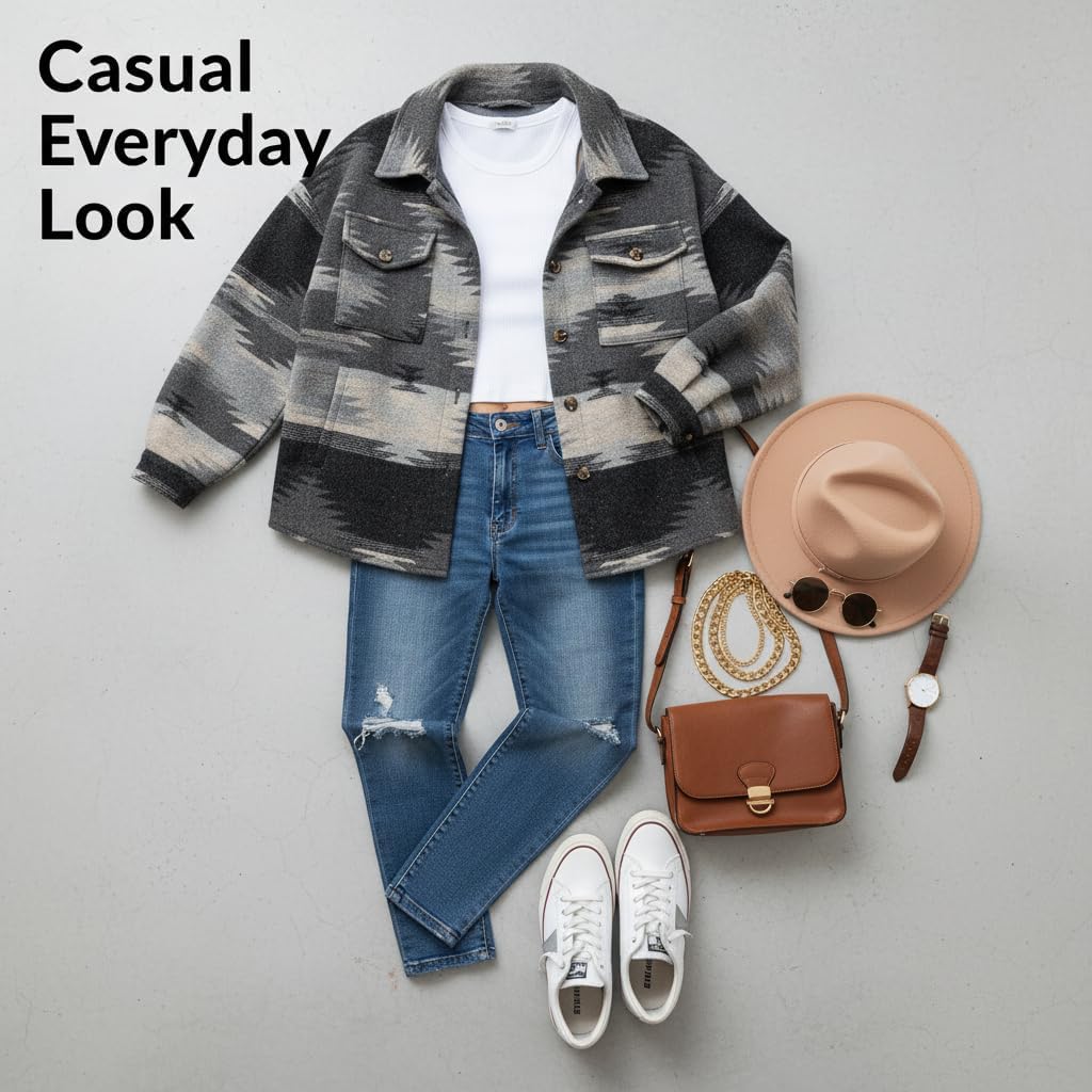 Women’s Aztec Printed Shacket Button Down Fleece Shirt Jacket with Chest Pockets Oversized Fall Casual Coat