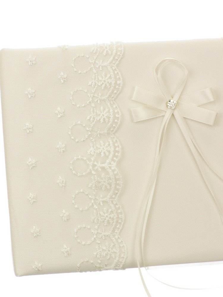 DivaDesigns Lace Organza Square Crystal Ribbon Wedding Guest Book - Ivory
