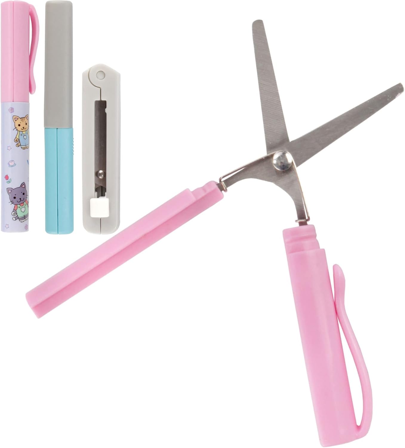 JubileeYarn TSA Compliant Portable Travel Safety Scissors, Pen & Push Folding Style - Garden Kitty Pen, Light Blue Pen, Grey Push