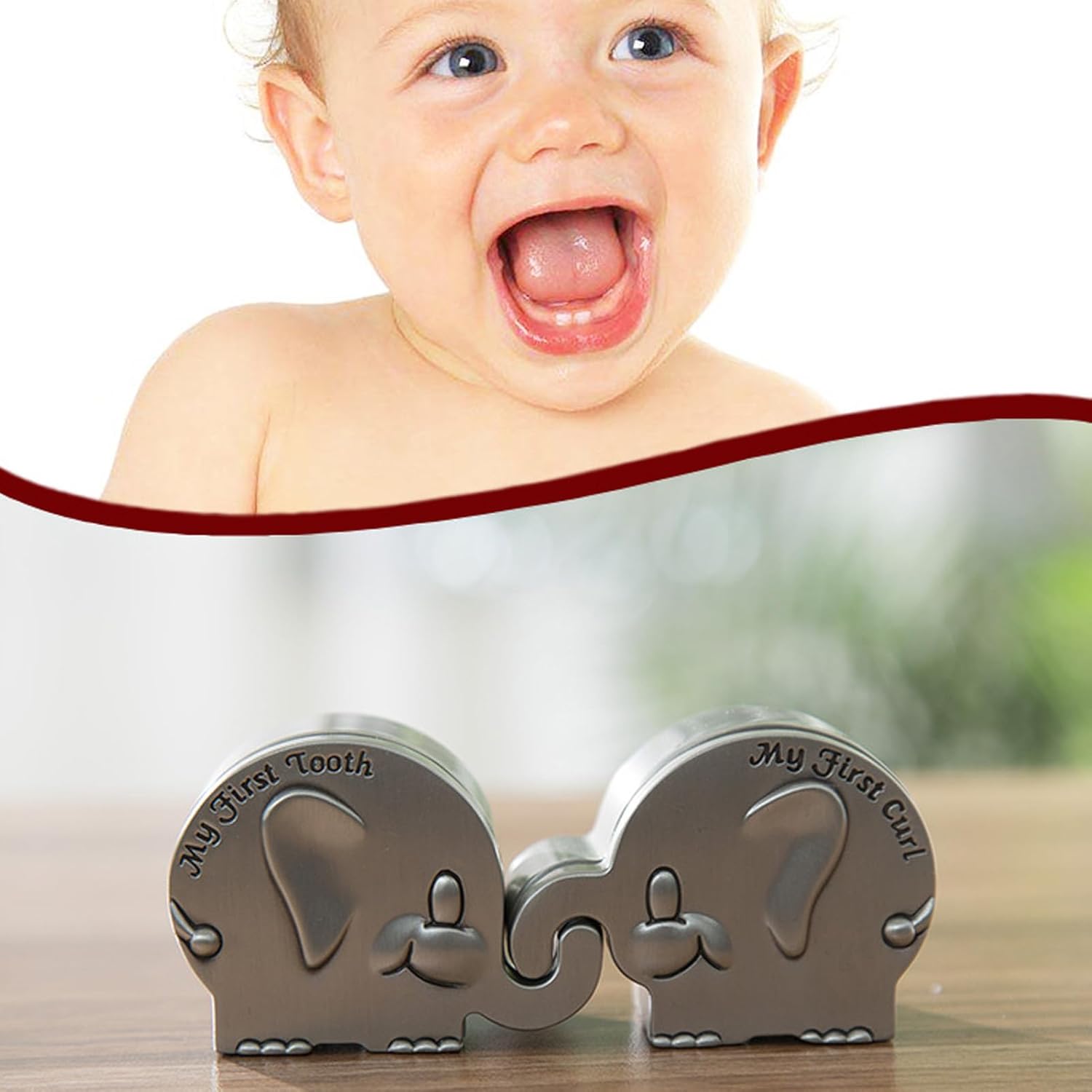 2 Pack Small Keepsake Box Elephant Shape Metal Storage Container with Velvet Cushion for Infant Tooth and First Curl, Engraved My First Tooth Hair Gift Box for Newborn Baptism Birt