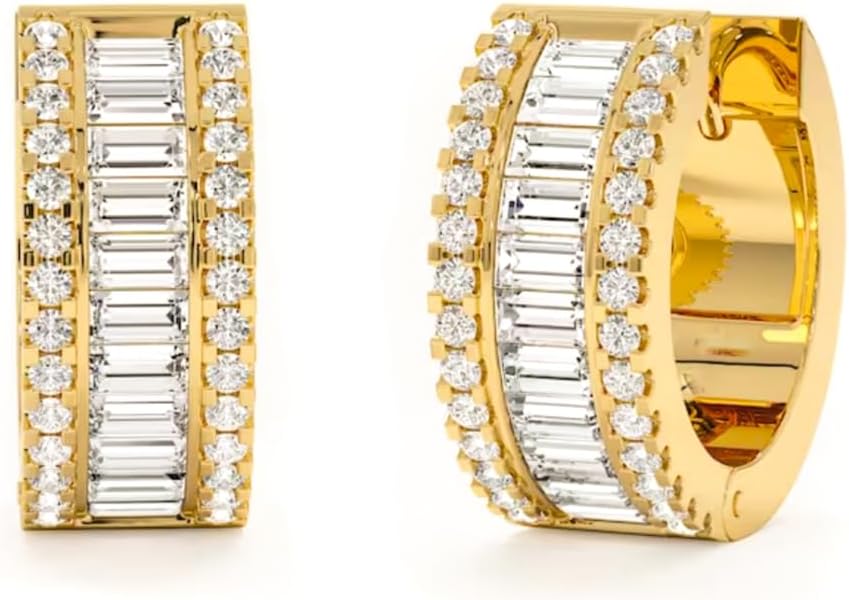 Iced CZ Huggie Trendy Elegant Hypoallergenic Chunky Yellow Gold Plated 925 Sterling Silver Post Brilliant Cubic Zirconia Thick Baguette Hoop Earrings For Men Women