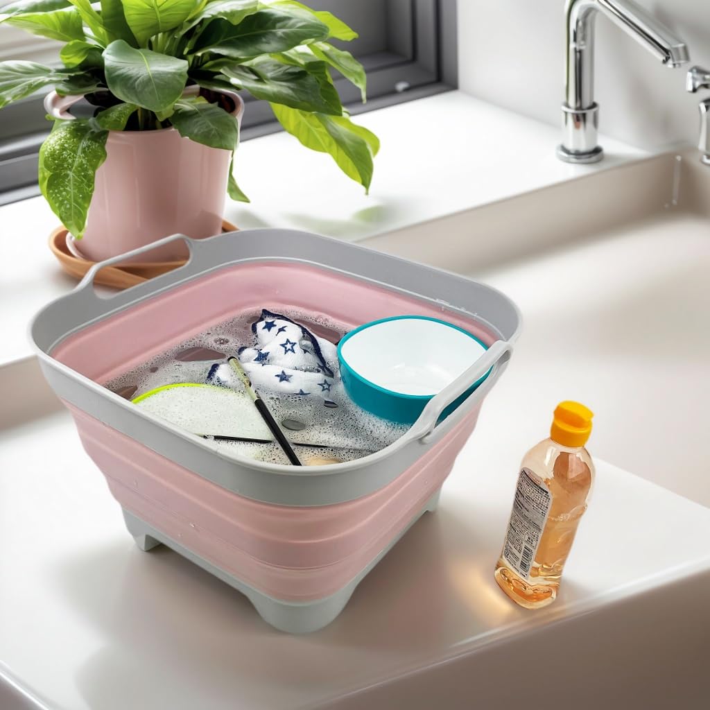 SAMMART 10L (2.6 gallons) Collapsible Plastic Dishpan with Draining Plug - Portable Washing Tub/Basin - Foldable Tub - Space Saving Kitchen Storage (