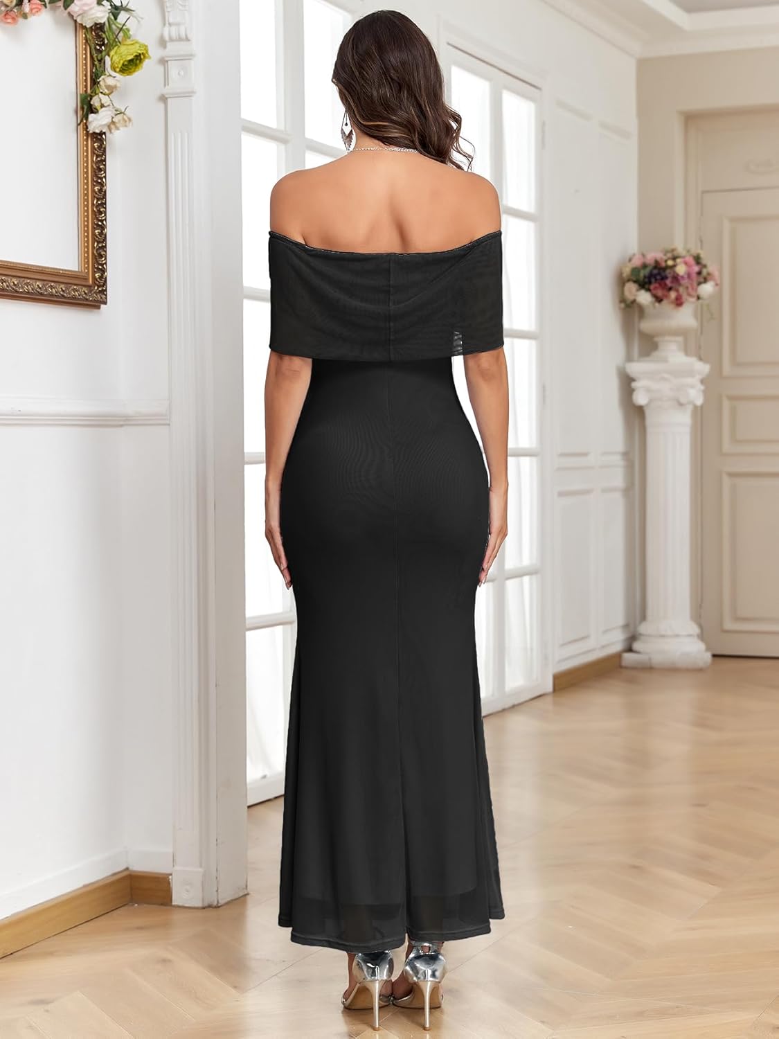 Maternity Off The Shoulder Mermaid Maxi Dress Sleeveless Mesh Bodycon Pregnancy Dresses Baby Shower with Floral - Image 2