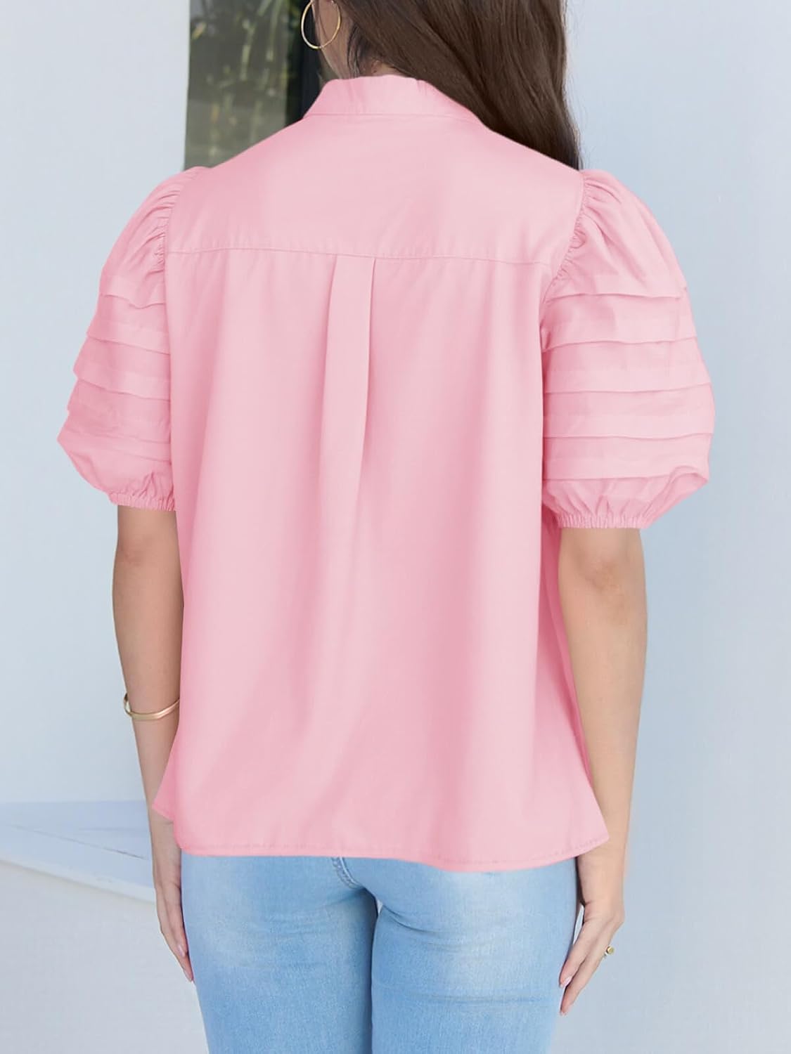 Tankaneo Womens Puff Short Sleeve Button Down Shirts Cotton Pleated Babydoll Blouses Trendy Casual Loose Fit Tops - Image 6