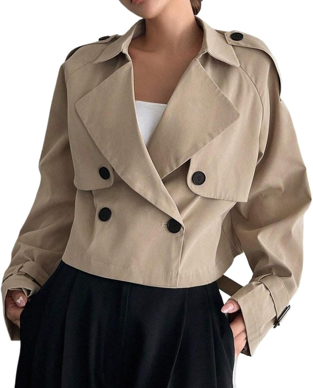 Womens Fashion Trench Outwear Solid Color Double-Breasted Short Trench Coat Jacket Coat