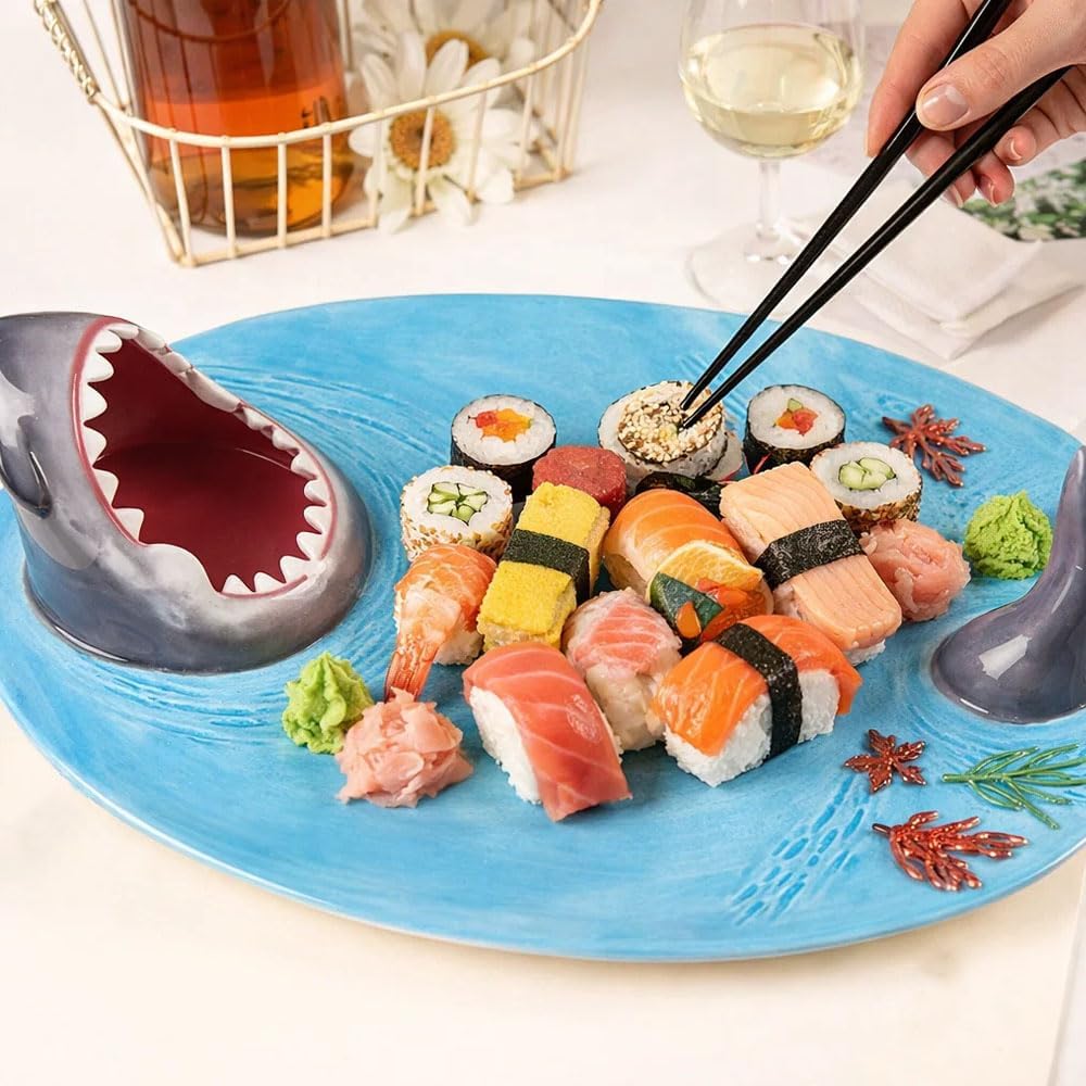 Shark Charcuterie Board, Shark Sushi Plate Ceramic Serving Platter, Elegant Fish Style Charcuterie and Food Display Plate (Style C)