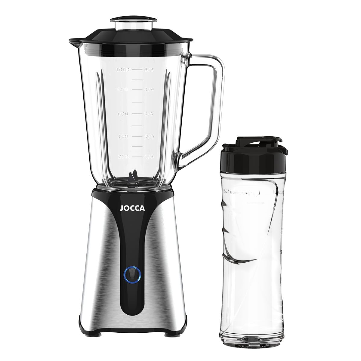 JOCCA - Batidora de Vaso de Cristal con Botella de Viaje/Potencia 350W, Licuadora/Jarra 1L y Botella de 600Ml/ Luz LED, Tapa Extraible, Cuchillas de Acero Inoxidable