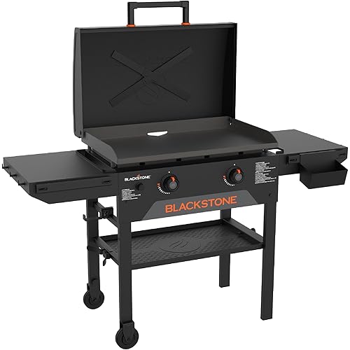 Blackstone Original 28" Griddle, Outdoor Cooking Station with Built-In Hood, Black - Includes Extendable Side Shelves and Caster Wheels