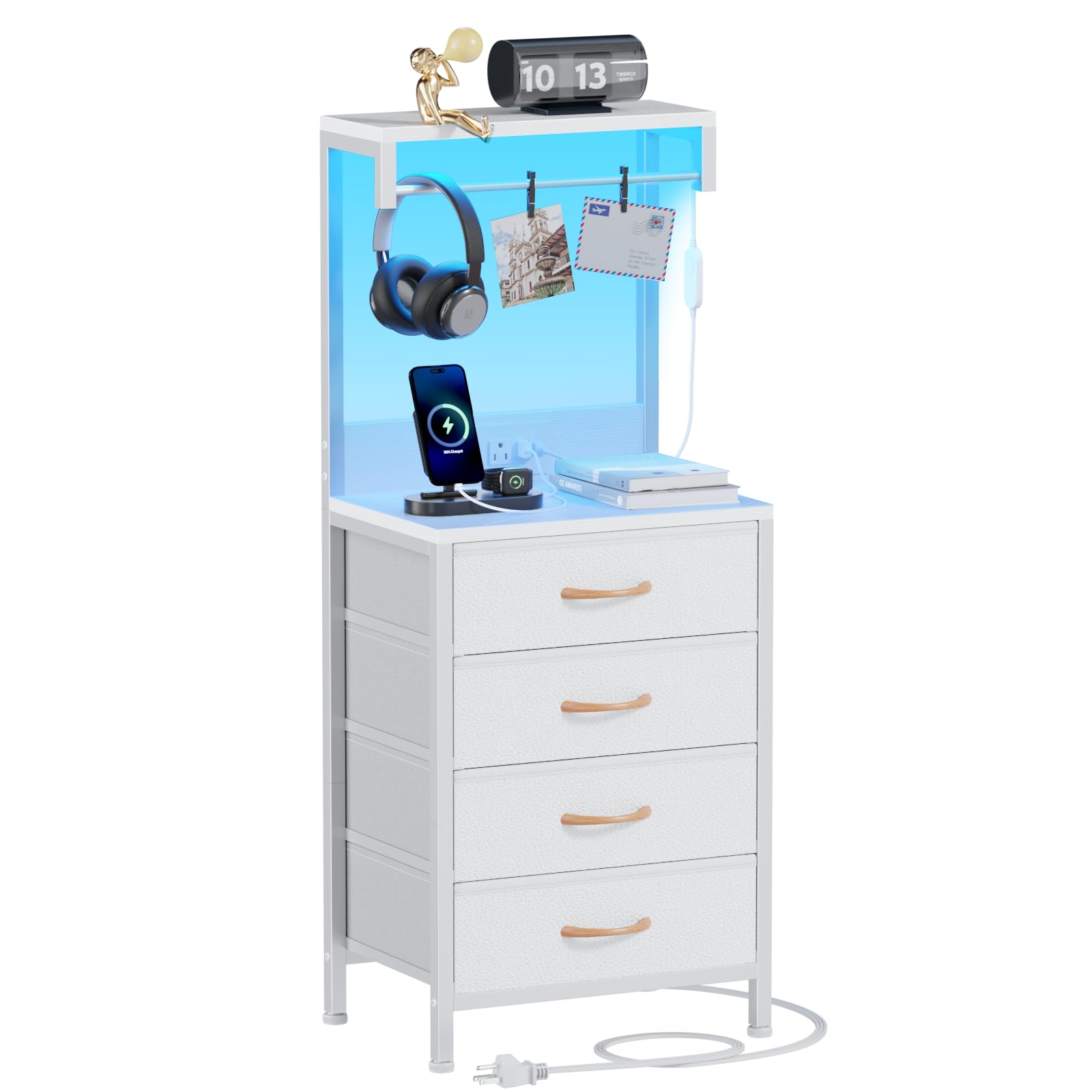 Furnulem Nightstand, White Tall Night Stand with Charging Station and LED Lights, Bedside Table for Bedroom, Office, Hallway, 4 Fabric Drawers, Metal Frame, Wood Shelves