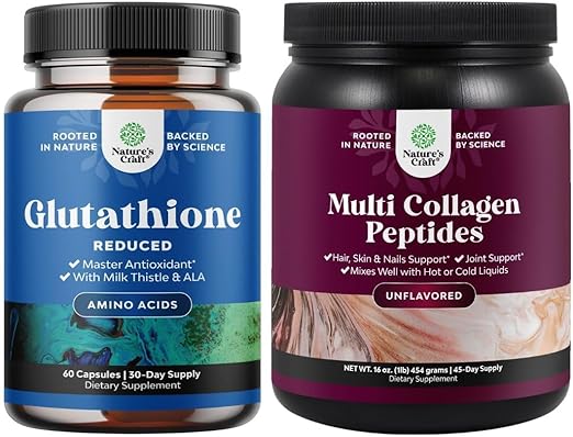 Bundle of Reduced Glutathione Supplement with Milk Thistle and Multi Collagen Protein Powder for Women and Men