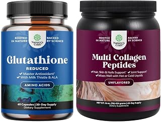 Bundle of Reduced Glutathione Supplement with Milk Thistle - 1000mg per Serving Pure L Glutathione and Multi Collagen Protein Powder - Keto Hydrolyzed Collagen Peptides 45 Servings Hair Skin & Nails